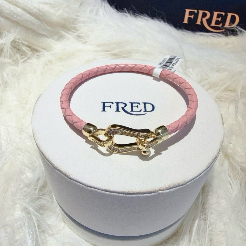 FRED Force 10 Pink Braided Leather Bracelet with Diamond-Encrusted Gold Clasp